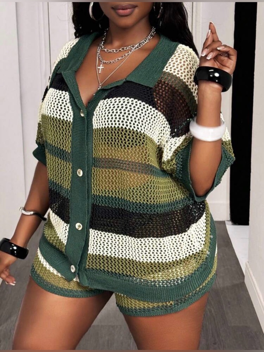 SHEINCurve+ Olive Green, Cream & Black Striped Mesh Two-Piece Set